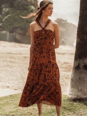 Bohme Vida Dress Rust Colored black flowers Size Small Boho Comfort Quality